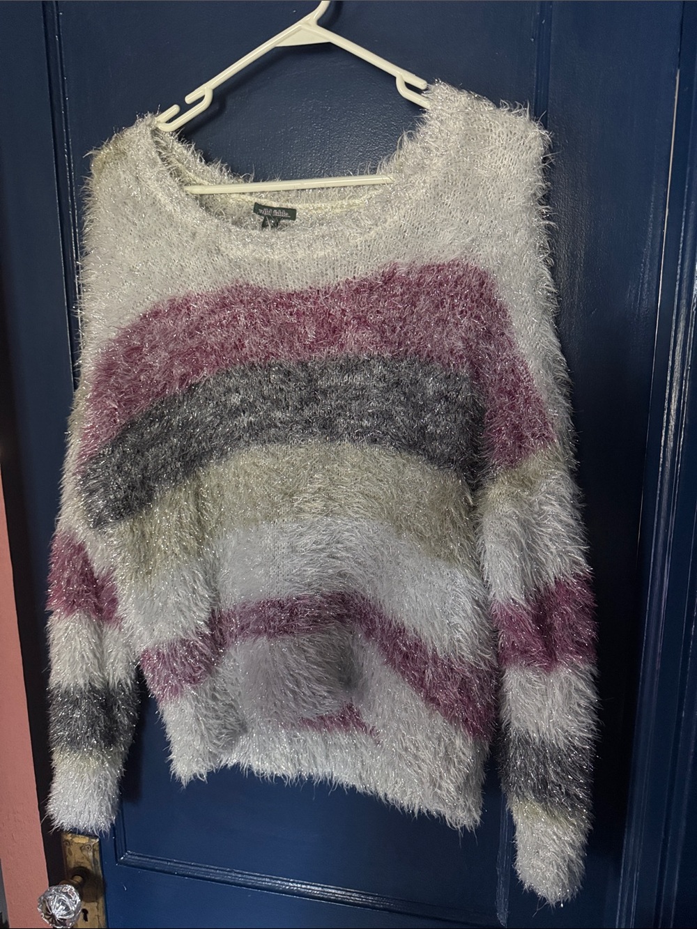 wild fable Fuzzy Striped Crewneck Sweater in Mauve, Gray & Cream